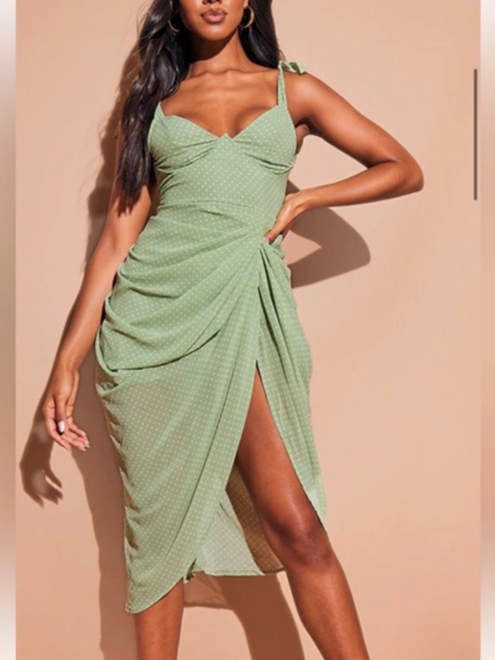 NWT PrettyLittleThing Sage Green Polka Dot Draped Midi Dress US 12